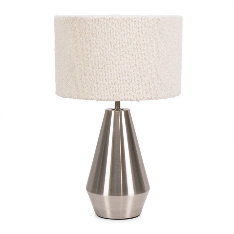 Dimmable touch table lamp with a chrome metal base and cream boucle shade, featuring a modern cone shape and an included LED bulb.