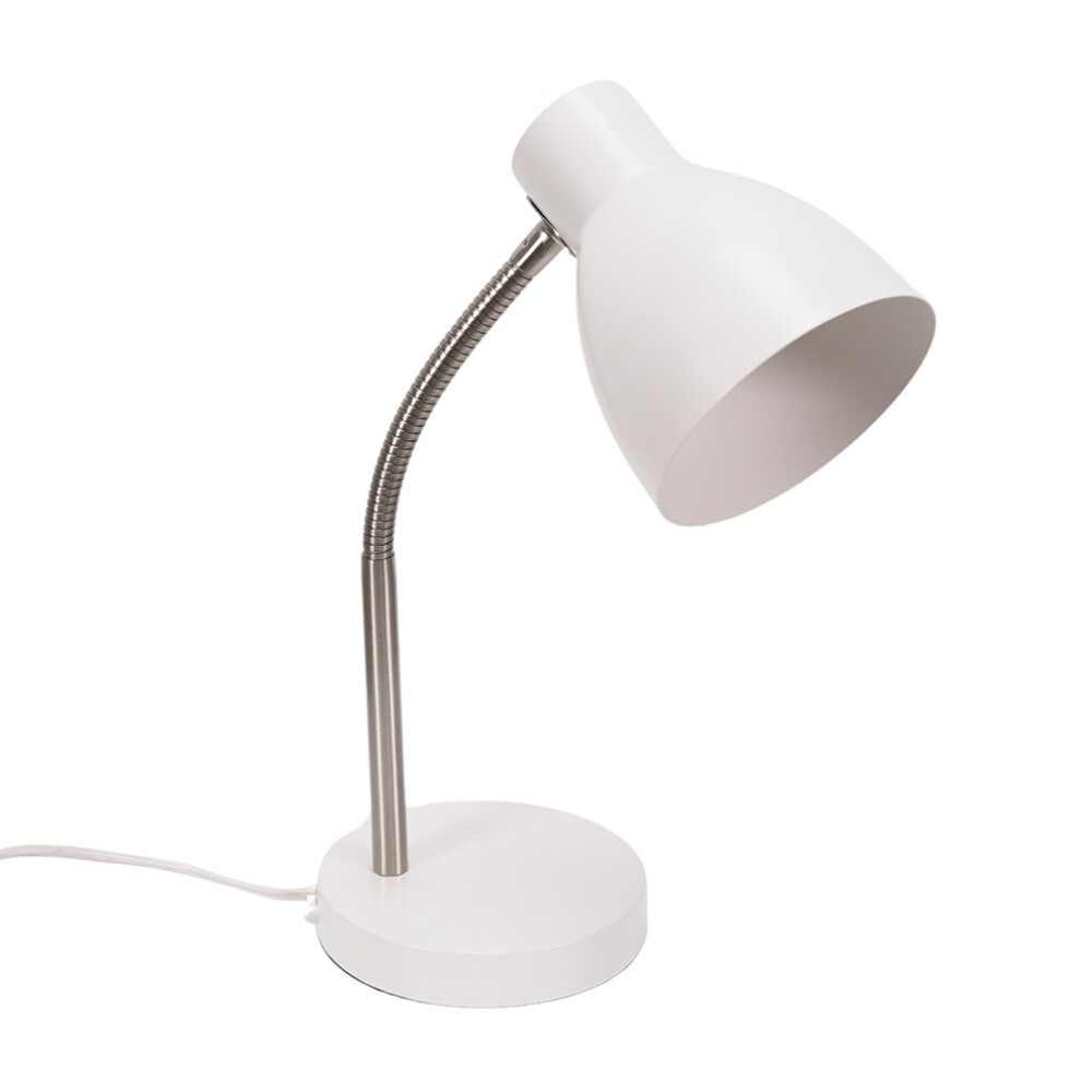 White adjustable desk lamp with a flexi neck, metal base, and a sleek, modern design, featuring a conical shade and an integrated LED bulb.