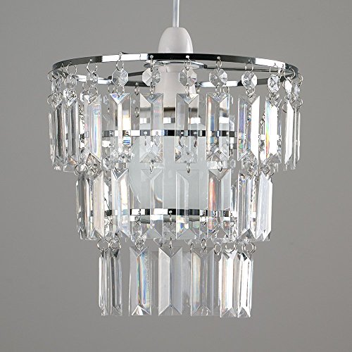 Silver chandelier-style pendant lamp shade featuring a chrome ring and cascading clear acrylic droplets, creating a sparkling effect.