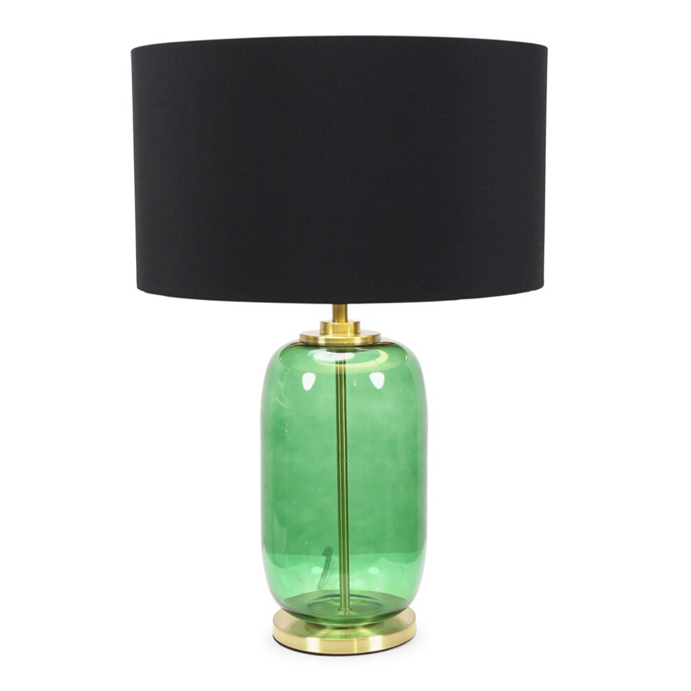 Leigh table lamp features a forest green glass base, a gold metal stem, and a black fabric shade, creating a stylish and modern look.