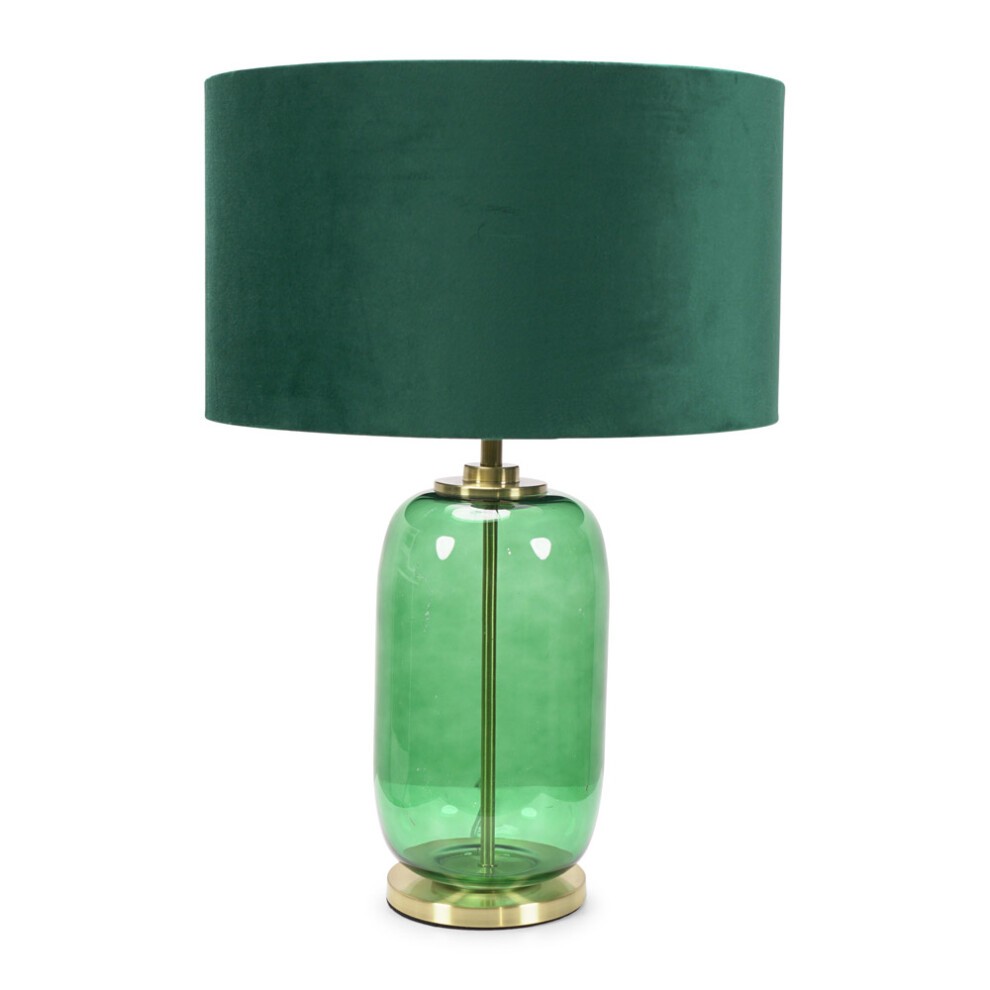Leigh green velvet shade table lamp features a forest green glass base, gold accents, and a bottle green shade, combining elegance and modern design.
