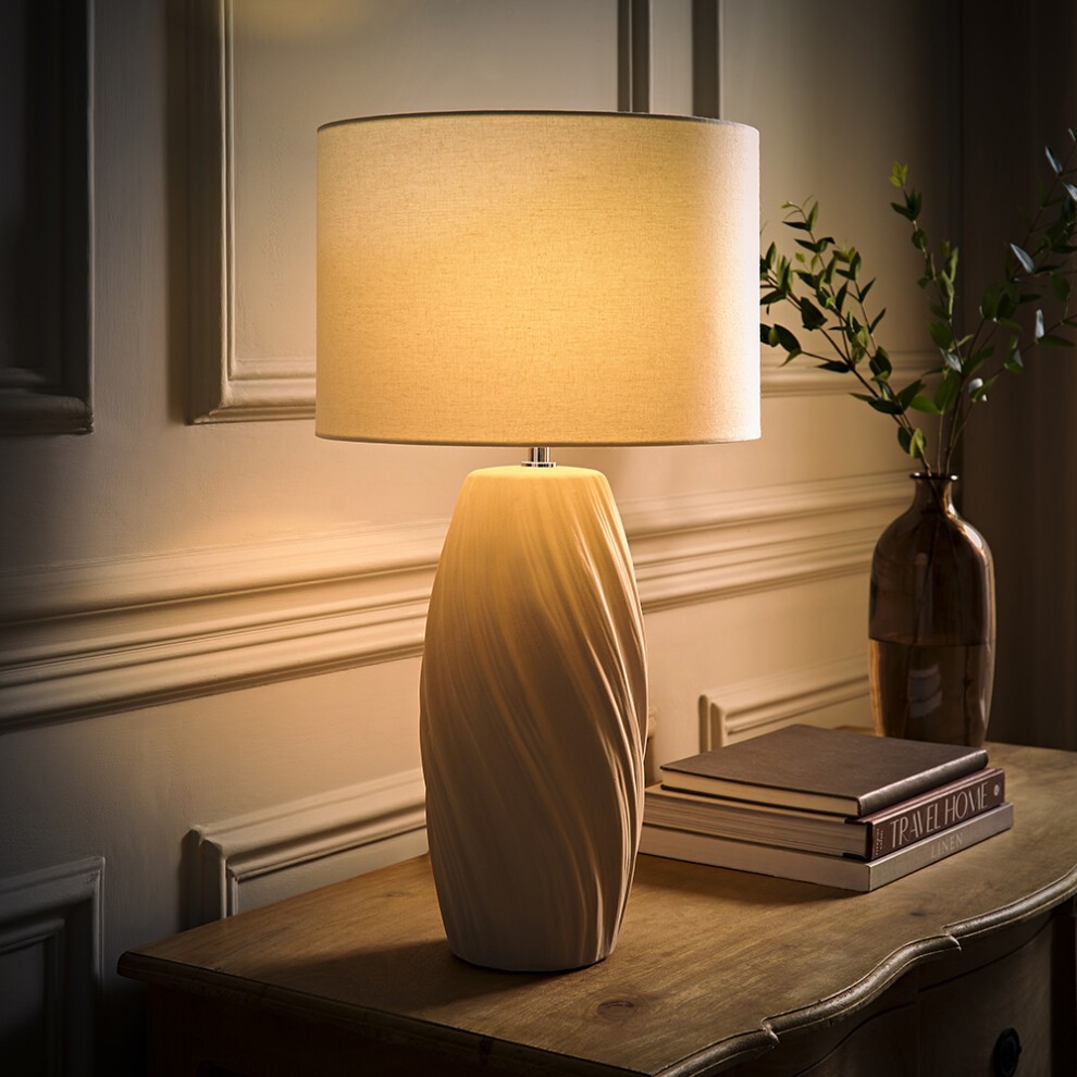 ValueLights Lydia Natural Linen Drum Shade tall Swirl Natural LED Table Lamp - image 2