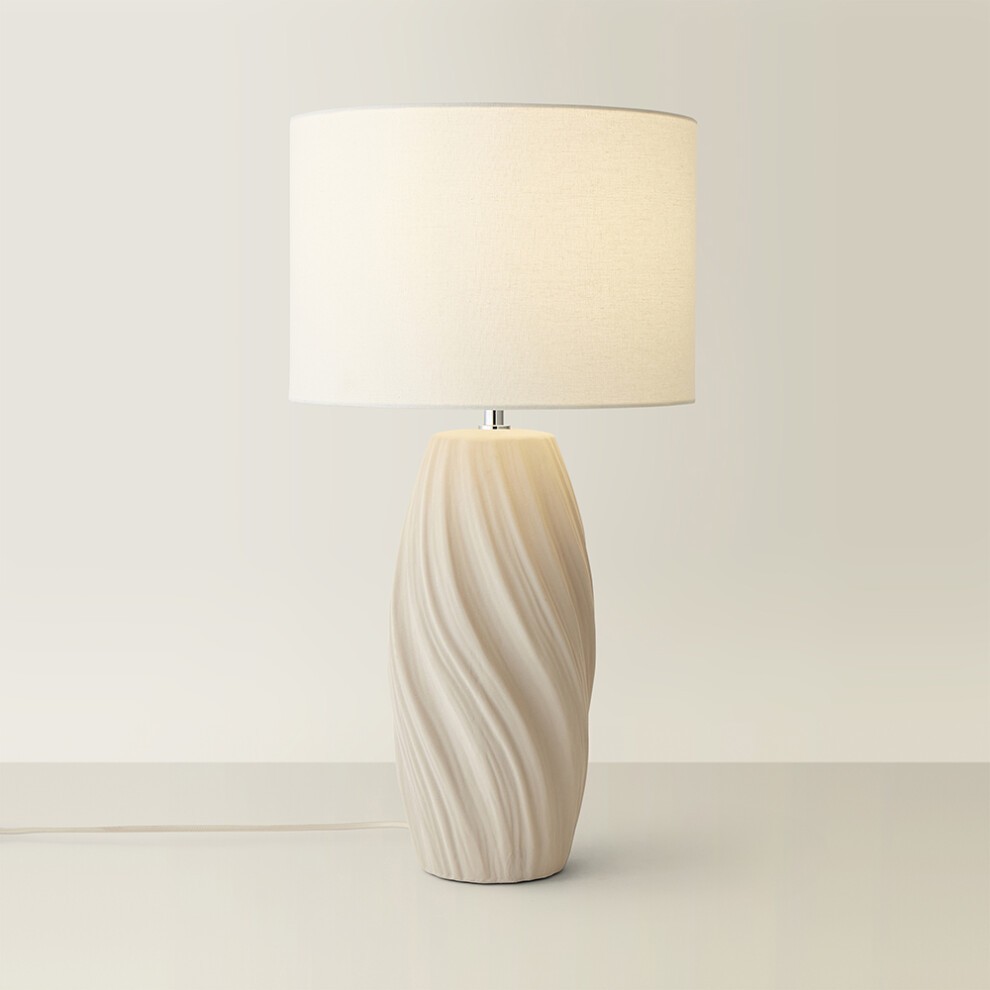 ValueLights Lydia Natural Linen Drum Shade tall Swirl Natural LED Table Lamp - image 5