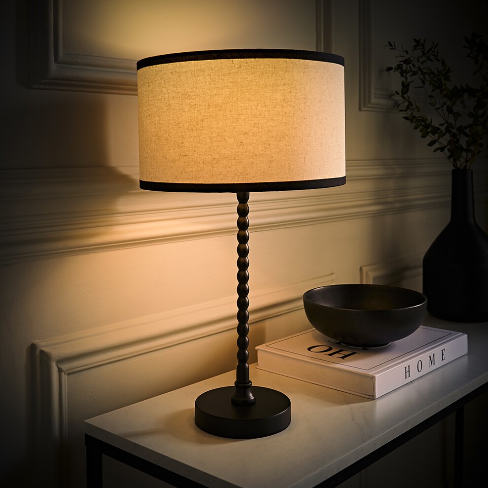 ValueLights Maeve Natural Linen Black Trim Drum Shade Matte Black Bobbin LED Table Lamp - image 2