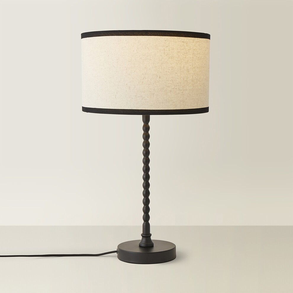ValueLights Maeve Natural Linen Black Trim Drum Shade Matte Black Bobbin LED Table Lamp - image 5