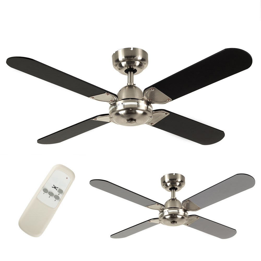 42-inch ceiling fan with four black blades and a chrome body, featuring a remote control for easy operation, designed in a sleek silver finish.