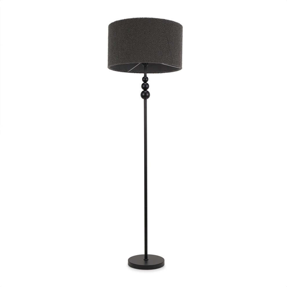 Charcoal boucle shade floor lamp with a sleek black metal base, featuring a stacked ball design and an included LED bulb for modern illumination.