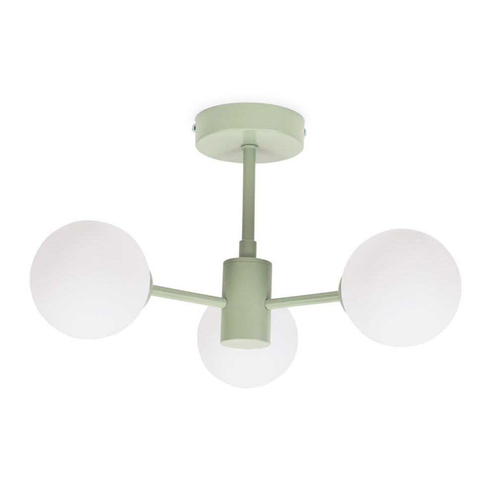 Green metal ceiling light fixture with three opaque glass globe bulbs, featuring a minimalist design and a central mount.