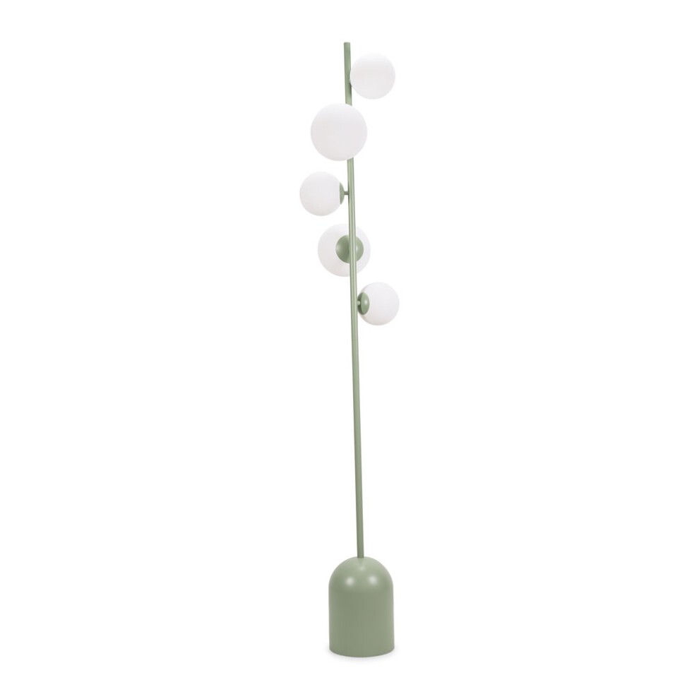 Marlow Opaque Glass Globe 5 Way Floor Lamp features a green metal stem with five white glass globes, offering a modern and stylish lighting solution.