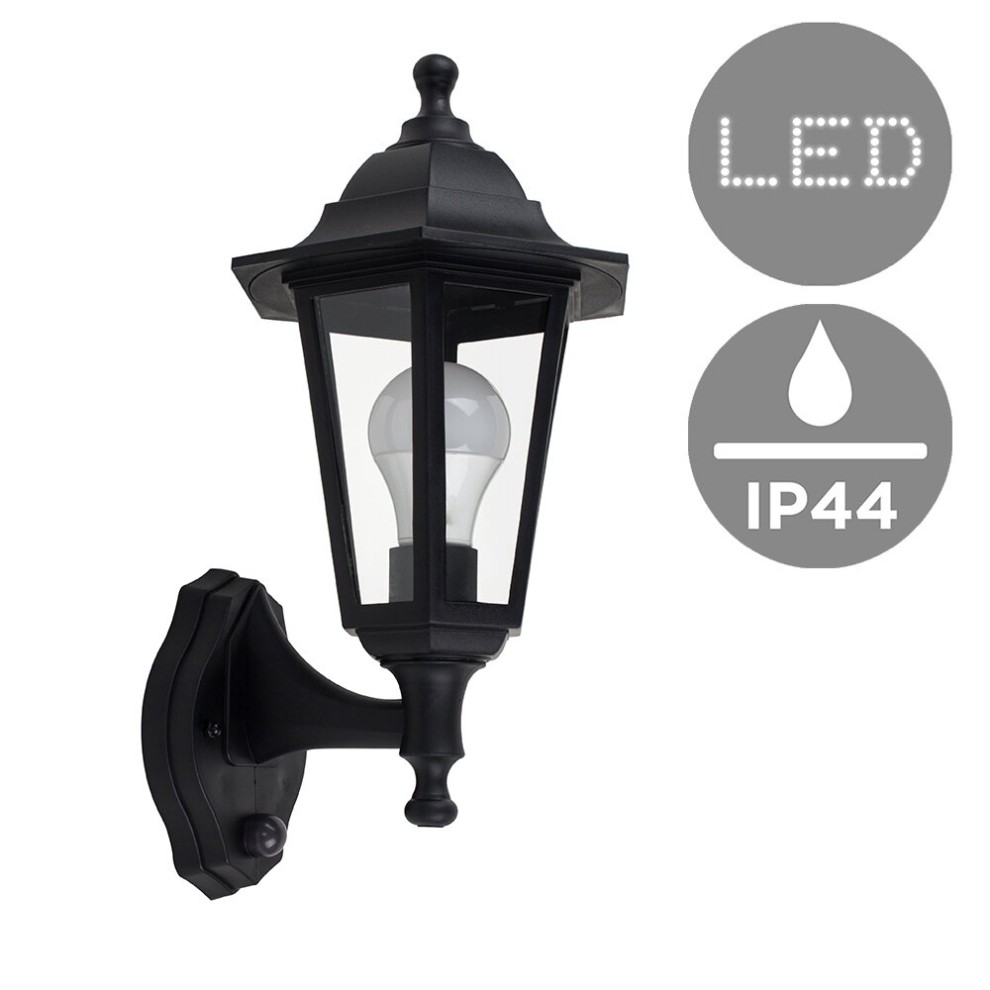 Traditional black outdoor wall light lantern with a glass enclosure, featuring a 6w LED GLS bulb, IP44 rated for weather resistance, and a classic design with a decorative top.
