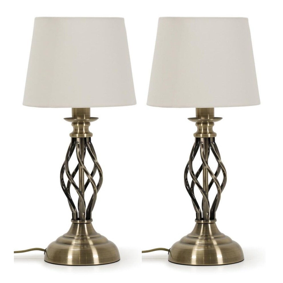 Pair of traditional antique brass table lamps with a twisted design, featuring a white fabric shade and a sturdy base, ideal for LED lighting.