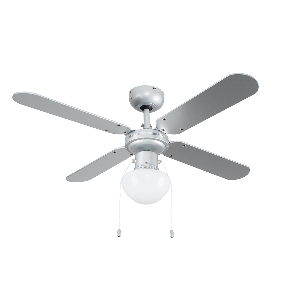 Chrome and black ceiling fan with four silver blades, featuring a round white glass light fixture and a remote control for operation.