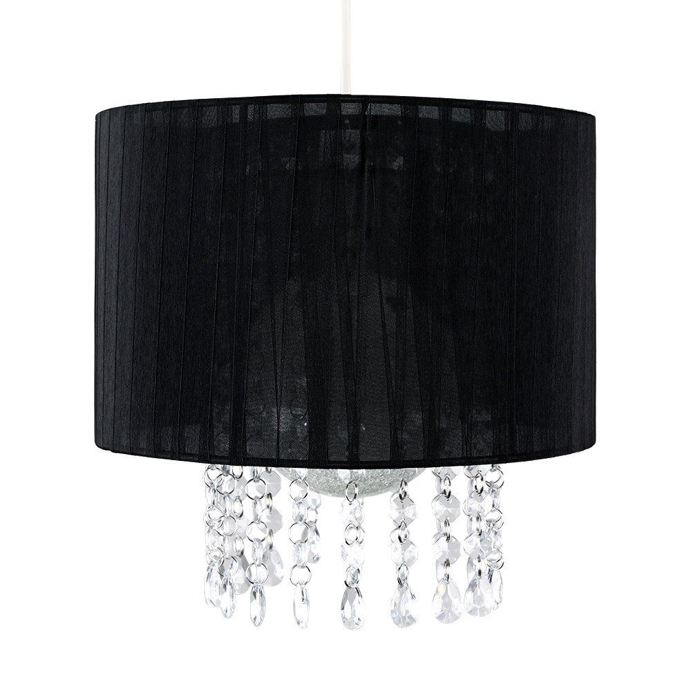 Black pleated fabric ceiling pendant shade with a crystal bead fringe, adding elegance and sophistication to any space.