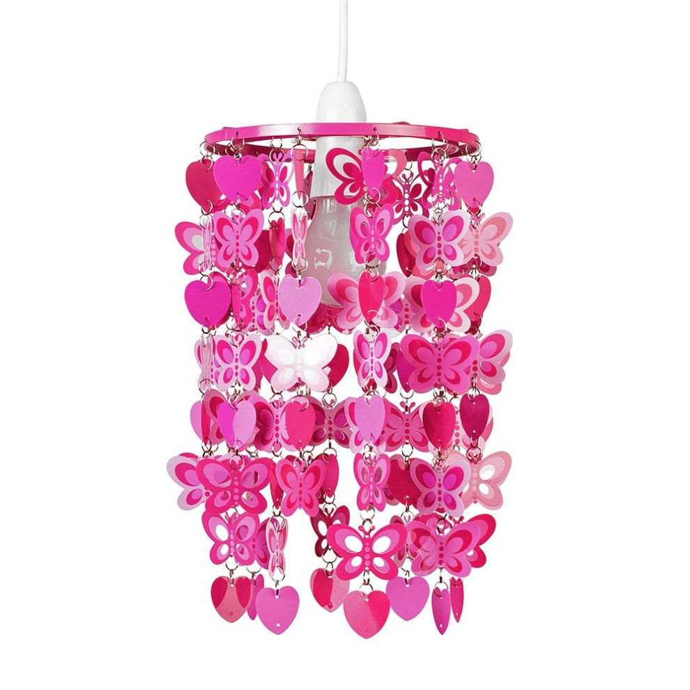 Pink ceiling pendant light featuring a shade adorned with hanging butterfly and heart shapes in various shades of pink, creating a playful and whimsical design.