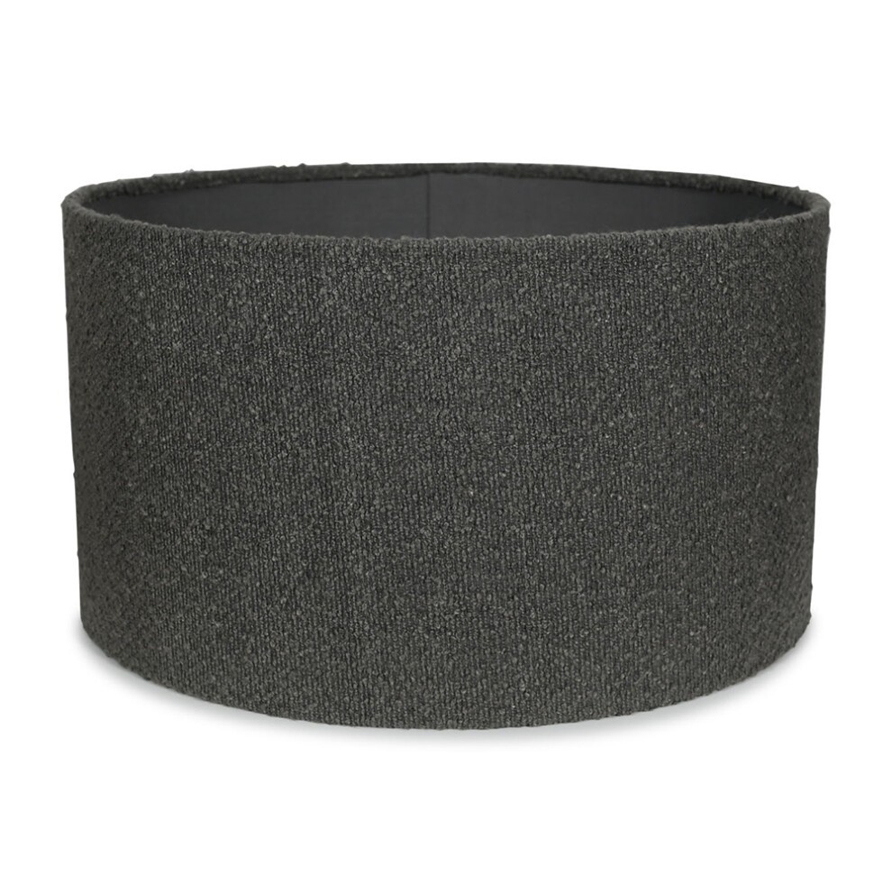 Large drum ceiling lamp shade in charcoal grey boucle fabric, featuring a textured surface and a simple, modern design suitable for easy fitting.