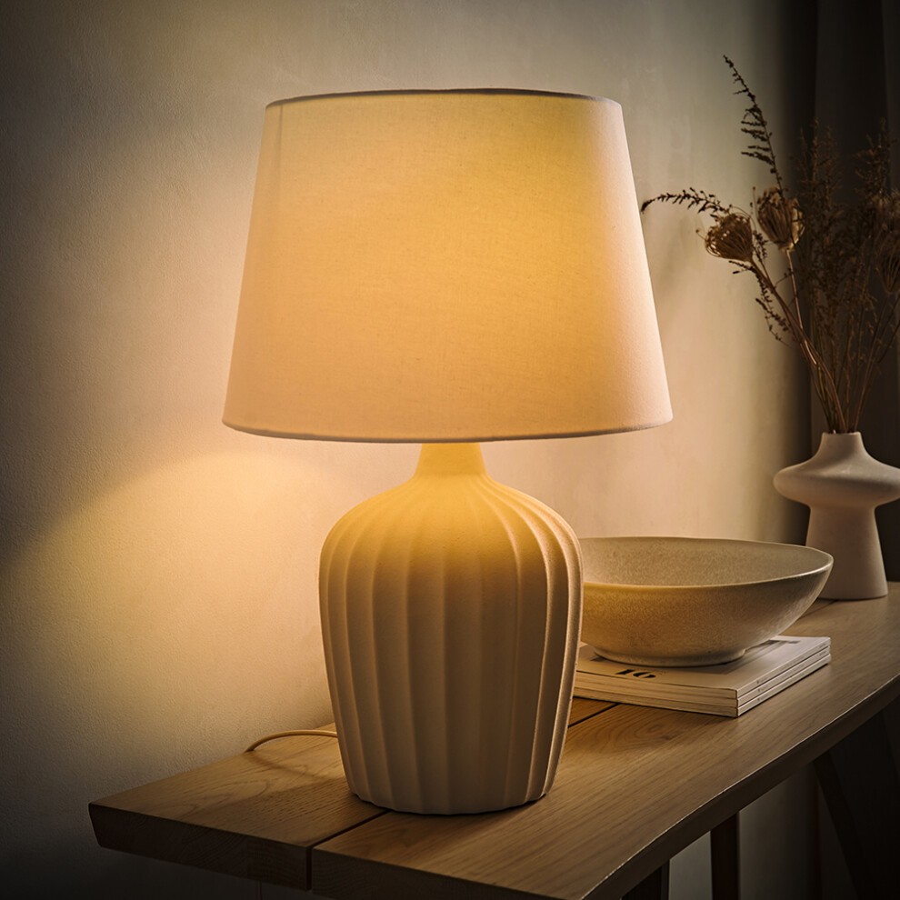 ValueLights Serena Natural Tapered Linen Shade Ribbed Ceramic Beige Table Lamp - image 2