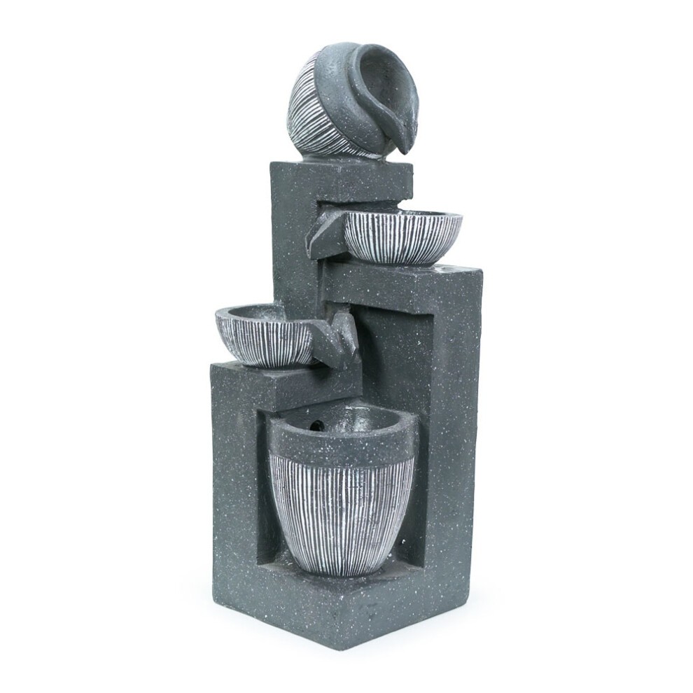 Solar-powered outdoor fountain in grey, featuring a cascading design with textured bowls and a modern, stacked structure, ideal for garden decor.