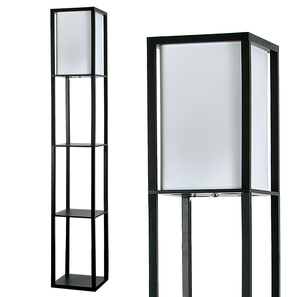 Tall black wooden floor lamp with a rectangular fabric shade, featuring three open shelves for display, combining modern design with functional storage.