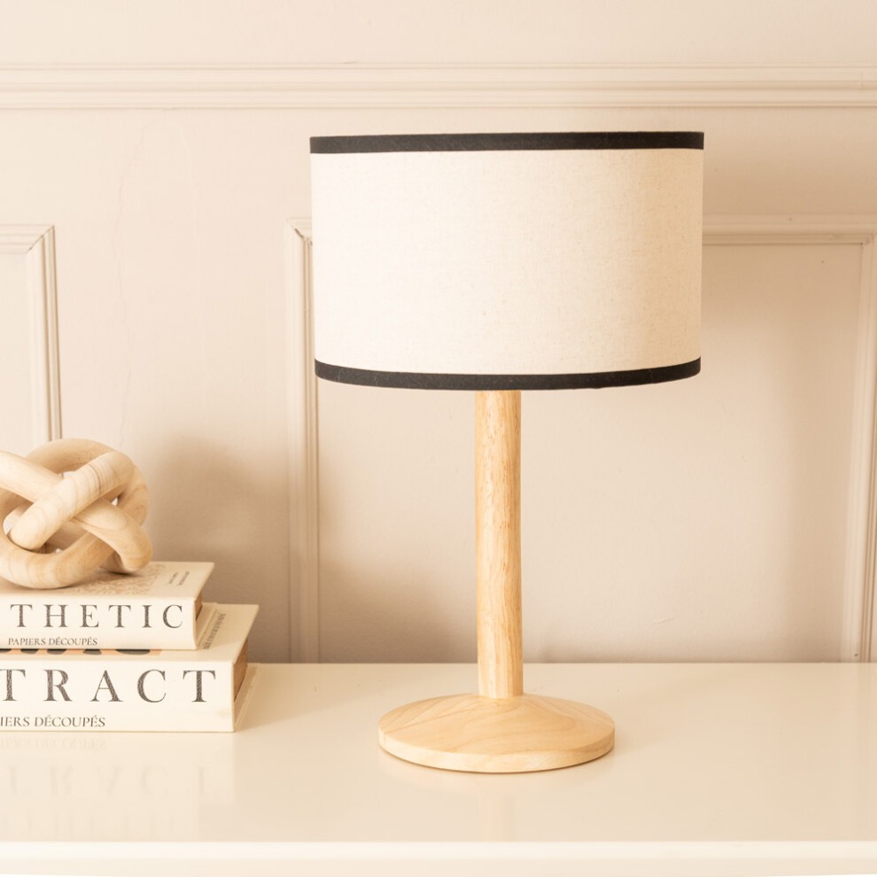 ValueLights Triston Linen Black Edge Drum Shade Natural Light Wood Stem LED Table Lamp - image 2