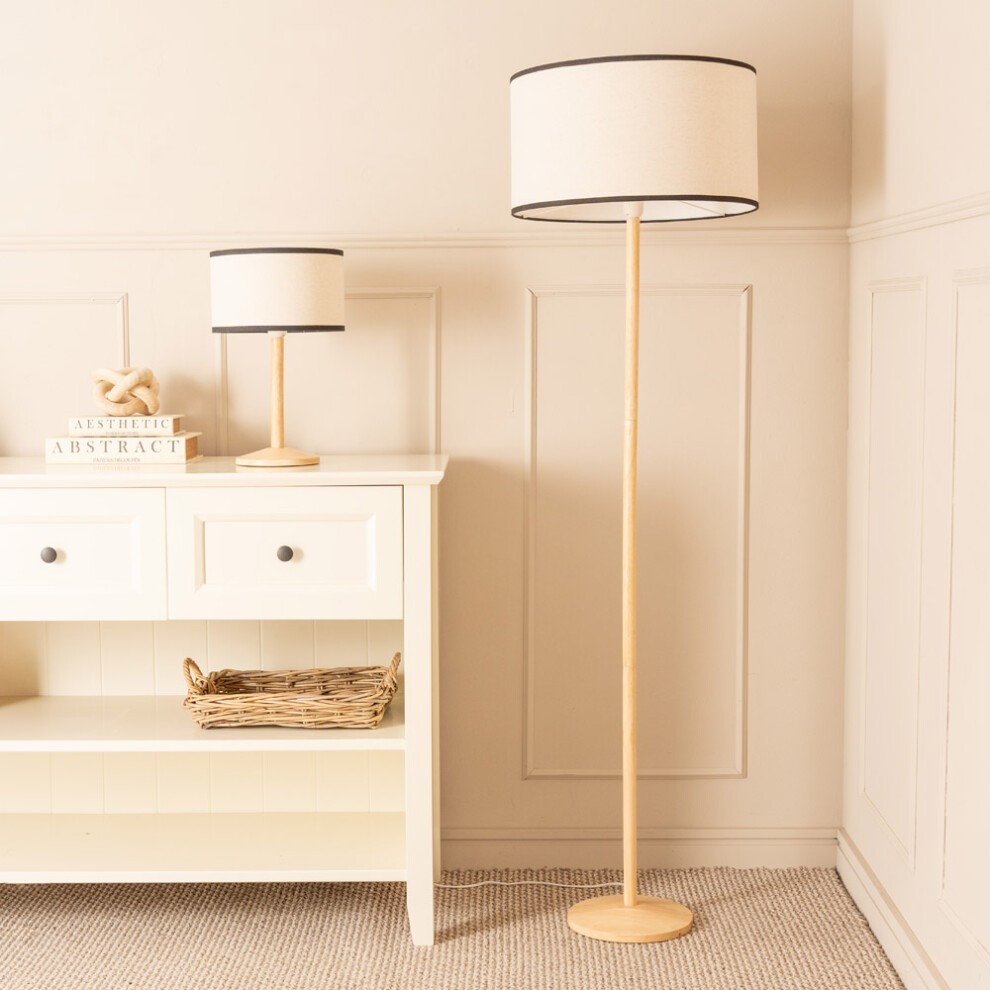 ValueLights Triston Linen Black Edge Drum Shade Natural Light Wood Stem LED Table Lamp - image 3