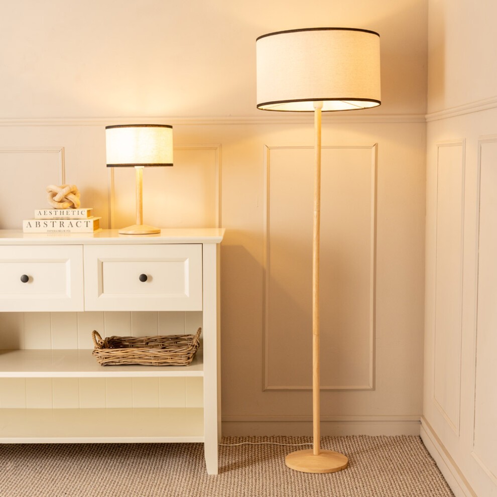 ValueLights Triston Linen Black Edge Drum Shade Natural Light Wood Stem LED Table Lamp - image 4