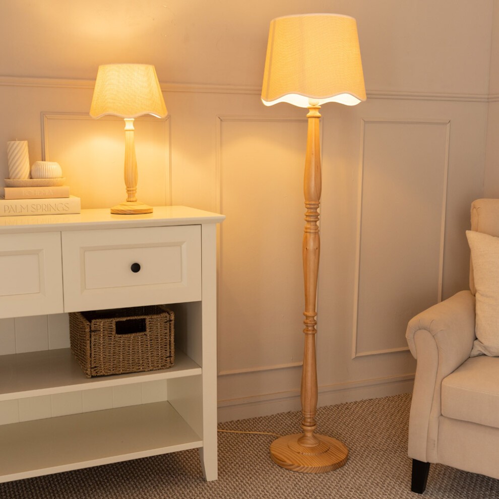 ValueLights Victoria Scallop White Edge Shade Light Wood LED Floor Lamp - image 2