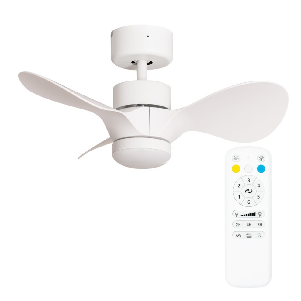 Matte white 24" ceiling fan with three sleek blades and a remote control, featuring a modern design suitable for various indoor spaces.