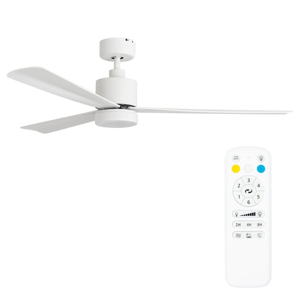 Matte white 52-inch ceiling fan with three sleek blades and a remote control, featuring a minimalist design suitable for modern interiors.