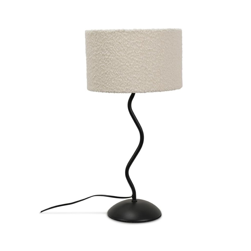 Black wavy metal base table lamp with a cream boucle shade, featuring a sleek design and LED light, suitable for modern decor.