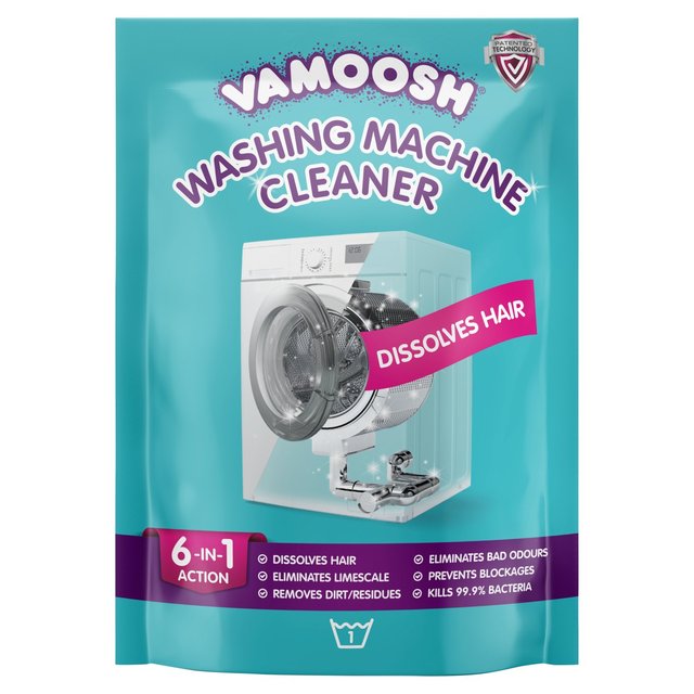 Bright turquoise packaging featuring "Vamoosh Washing Machine Cleaner" in bold white text, highlighting key features like "Dissolves Hair" and "6-in-1 Action," with a graphic of a washing machine.