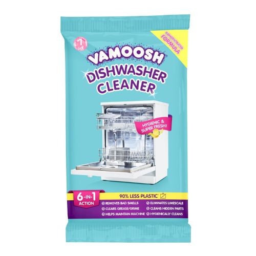 Bright turquoise packaging featuring "Vamoosh Dishwasher Cleaner" in bold letters, with a graphic of a dishwasher and key features highlighted, emphasizing its concentrated 6-in-1 formula.