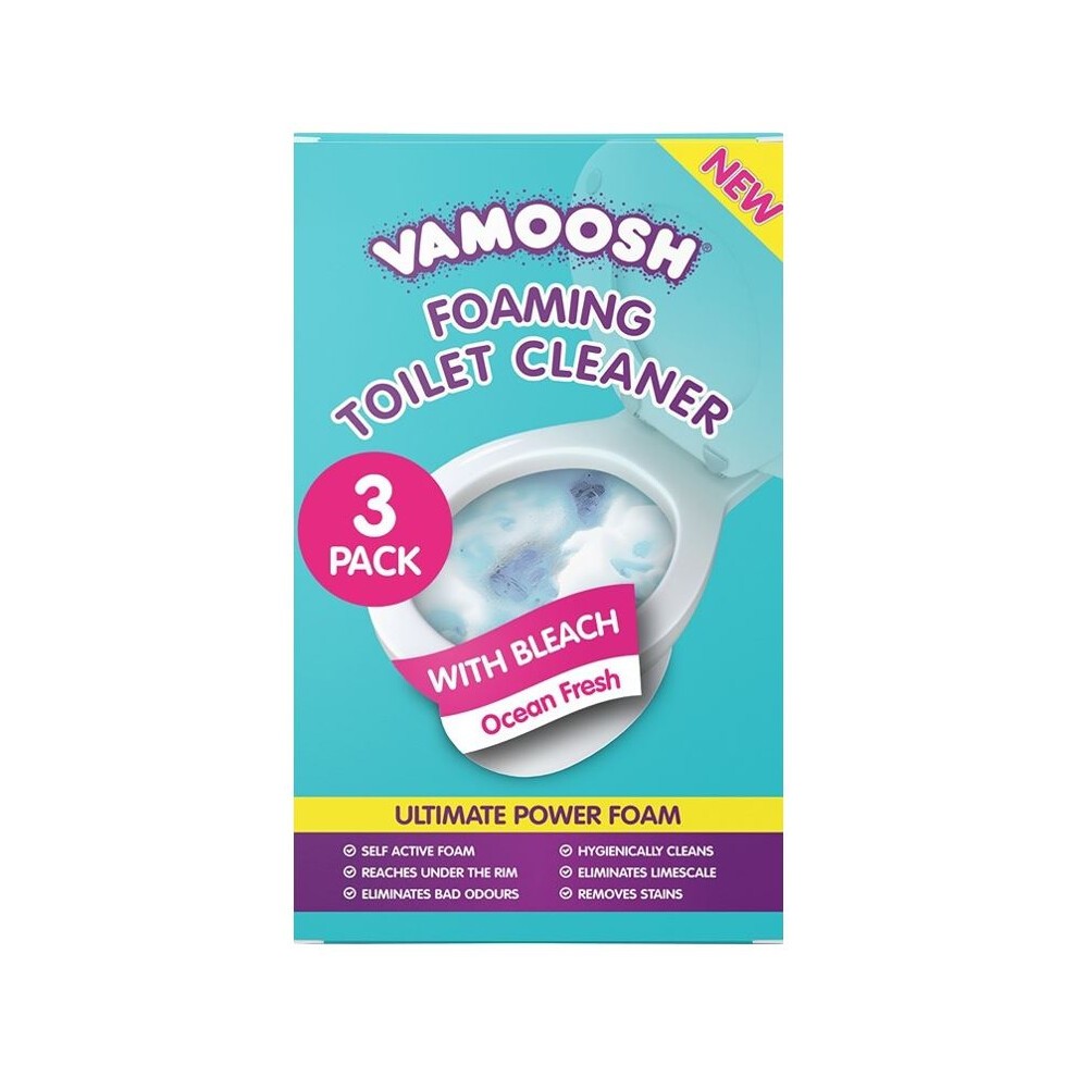 Vamoosh Foaming Toilet Cleaner packaging features a bright purple background, white text, and an illustration of a toilet bowl, highlighting its ocean fresh scent and bleach content.