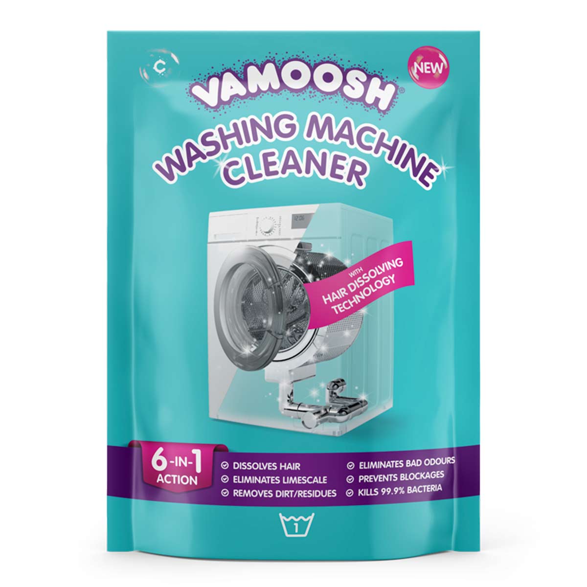 Bright turquoise pouch labeled "Vamoosh Washing Machine Cleaner," featuring a washing machine graphic, with text highlighting hair dissolving technology and 6-in-1 action benefits.