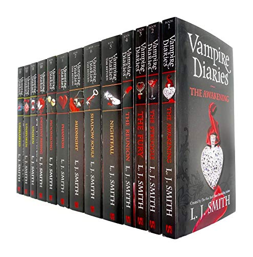 Thirteen paperback books in a complete set of "Vampire Diaries" by L. J. Smith, featuring dark covers with red and white accents, showcasing titles and the author's name prominently.
