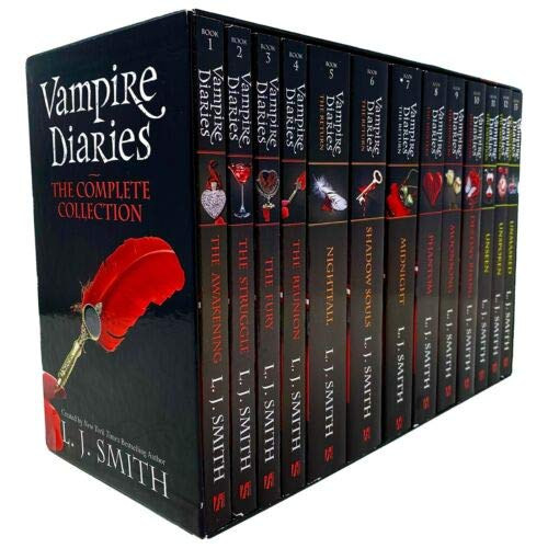 Vampire Diaries Complete Collection box set featuring black covers with red accents, showcasing titles like "The Awakening" and "Fury," arranged neatly in a sturdy, glossy box.