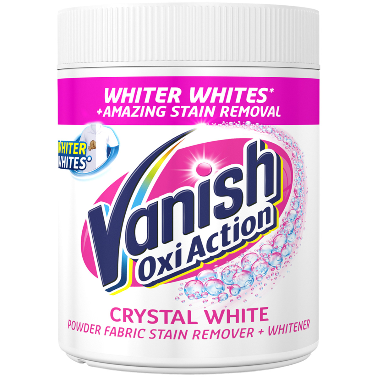 Vanish Oxi Action Stain Removal Powder in a white container with a pink lid, featuring bold blue and pink text, and bubbles design, labeled "Crystal White" for fabric stain removal.
