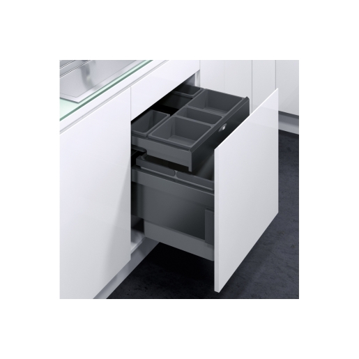Vauth Sagel Envi Bin Buddy Drawer System in grey, featuring multiple compartments, installed in a sleek white kitchen cabinet with a modern design.