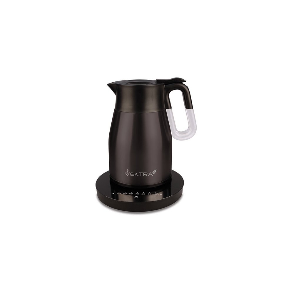Vektra Series 4 vacuum insulated electric kettle in metallic black, featuring a sleek design, 1.5L capacity, and a digital temperature control base.