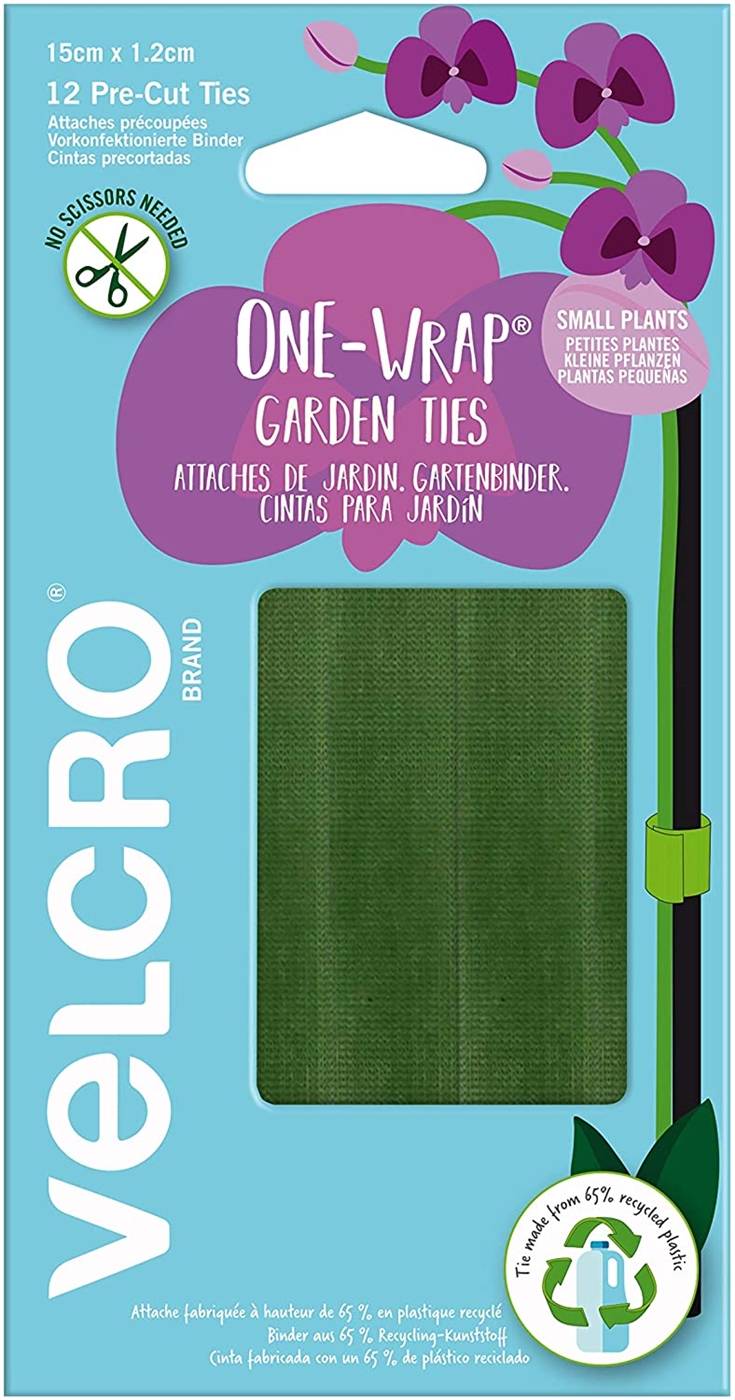 Green Velcro One-Wrap Garden Ties, 15cm x 1.2cm, packaged with 12 pre-cut ties, featuring a floral design and text highlighting its use for small plants.