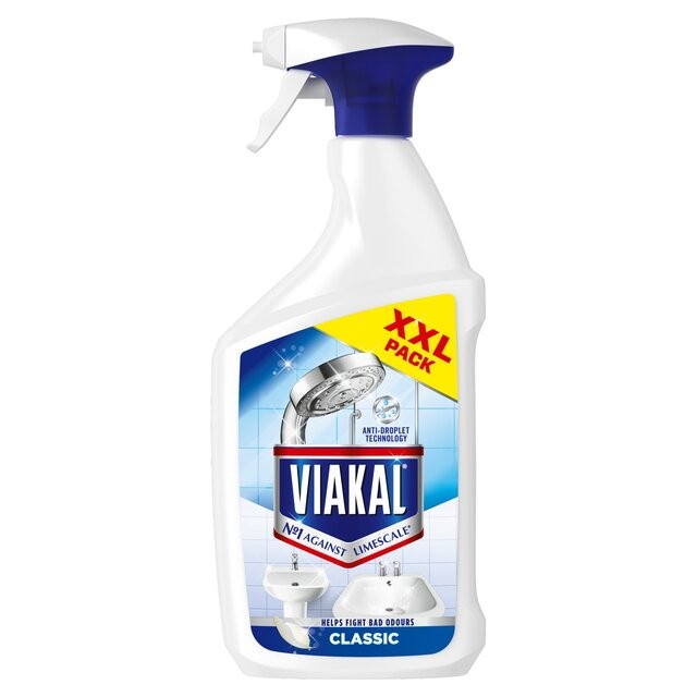 Viakal Limescale Remover spray bottle, 1L, features a white plastic body with a blue trigger and cap, labeled with "XXL PACK" and "VIAKAL" in bold, showcasing its anti-limescale properties.
