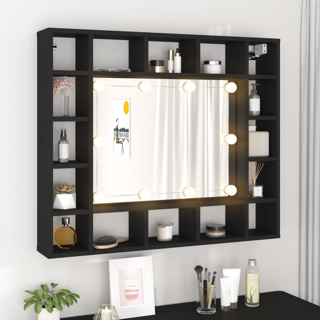 Black LED mirror cabinet with multiple shelves, featuring a central mirror framed by light bulbs, ideal for cosmetics and accessories storage, measuring 91x15x76.5 cm.