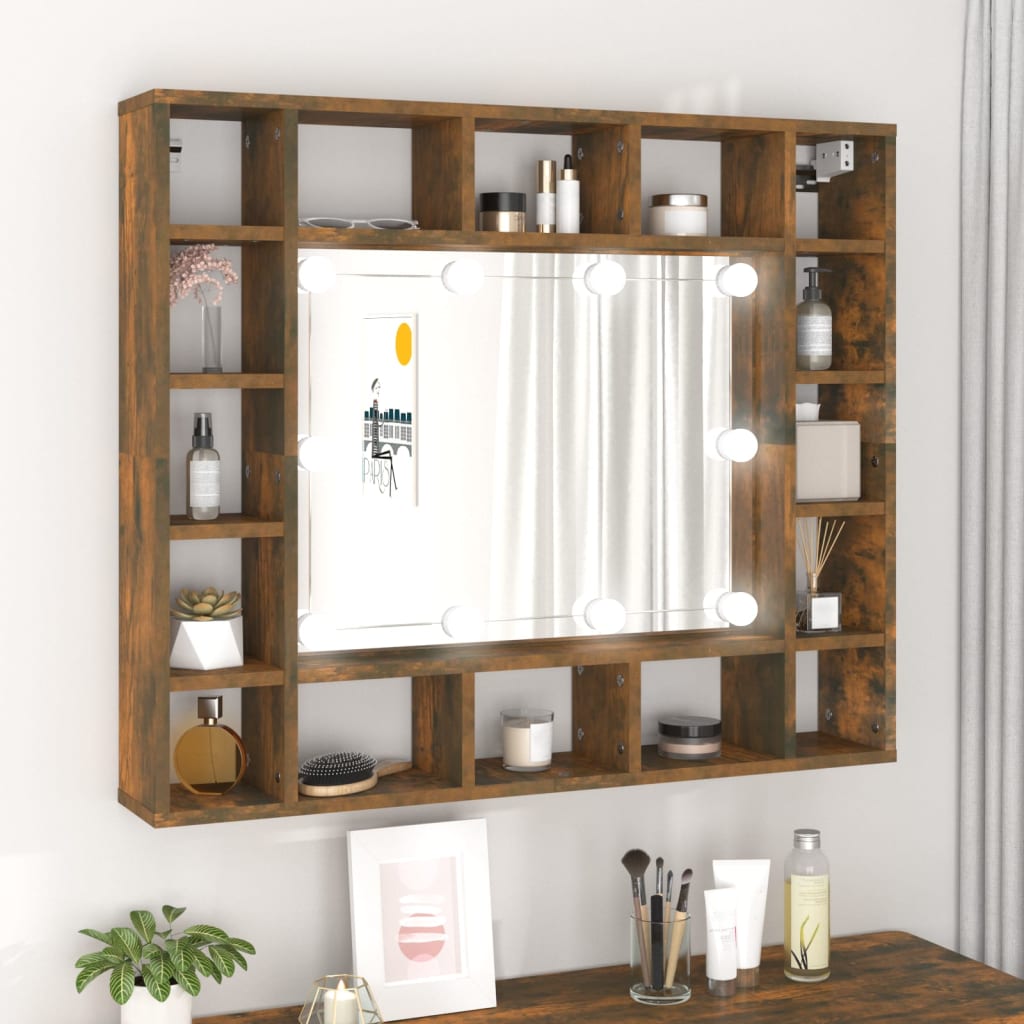 Brown smoked oak mirror cabinet featuring LED lights, multiple storage compartments, and a central mirror, measuring 91x15x76.5 cm, ideal for organizing cosmetics and accessories.