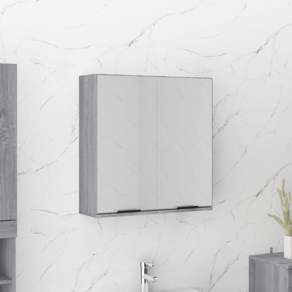 Grey Sonoma bathroom mirror cabinet with a sleek design, featuring two mirrored doors and a minimalist aesthetic, mounted on a marble-patterned wall.