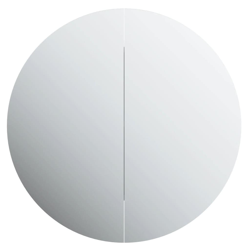 Round bathroom cabinet featuring a sleek white engineered wood frame, oak accents, glass doors, and copper hardware for a modern aesthetic.