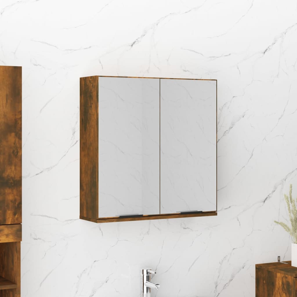 Smoked oak bathroom mirror cabinet with two mirrored doors, measuring 64x20x67 cm, featuring a sleek brown finish and minimalist design, mounted on a white marble wall.