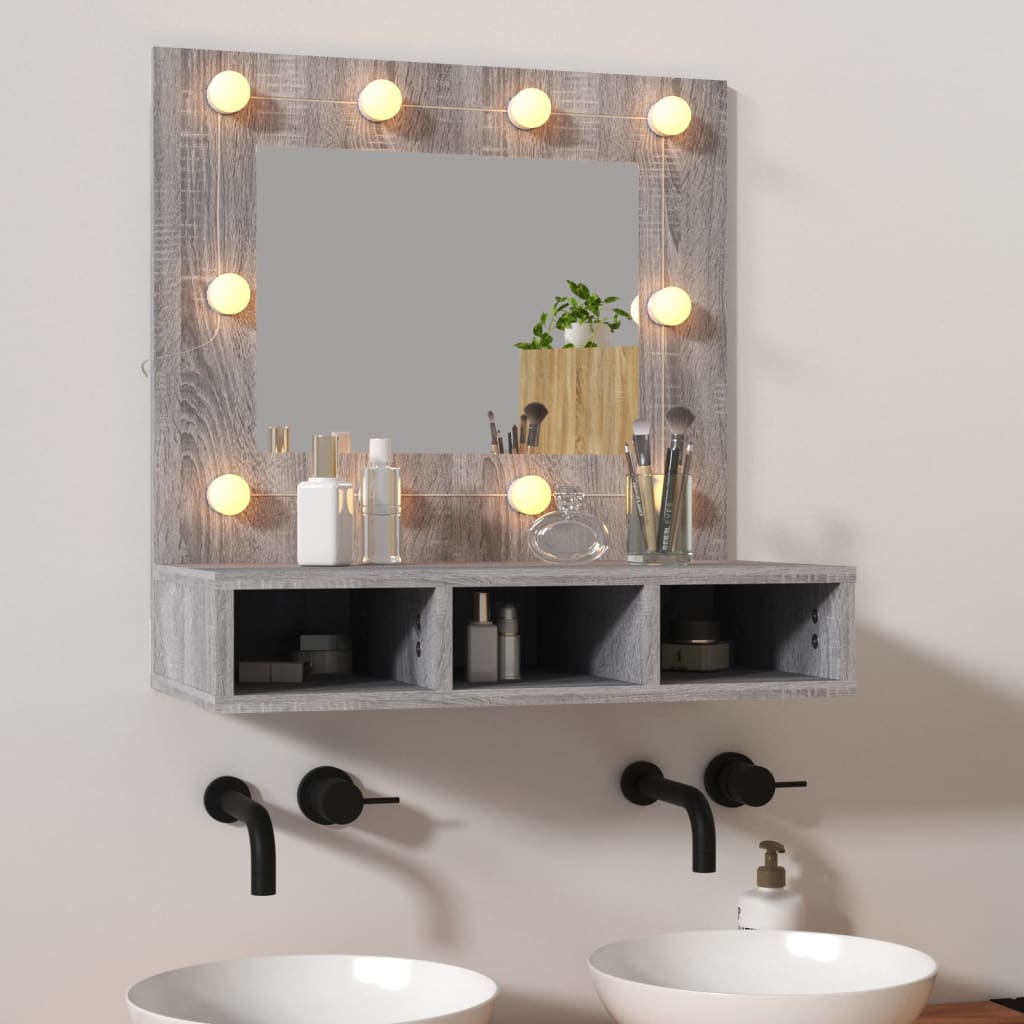 Grey Sonoma mirror cabinet with LED lights, featuring a rectangular mirror, two open shelves for storage, and a rustic wood finish, ideal for bathroom use.
