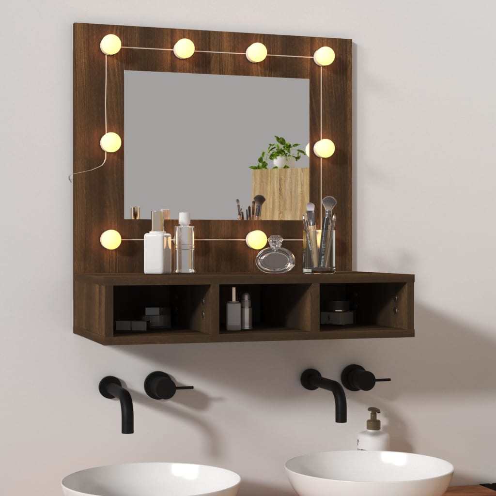 Brown oak mirror cabinet with LED lights, featuring a rectangular mirror, two open shelves for storage, and a sleek design, ideal for bathroom or vanity use.