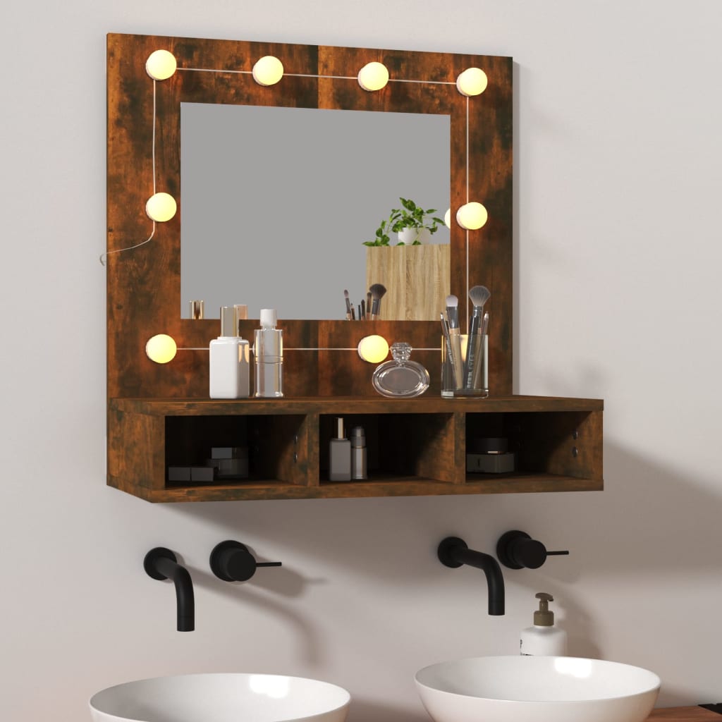 LED mirror cabinet in smoked oak with a brown finish, featuring a rectangular mirror and two open shelves, illuminated by round bulbs, mounted above two sinks.