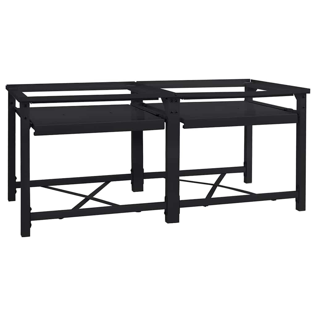 Black steel washing machine pedestal with two levels, measuring 120 x 56 x 52 cm, featuring a sturdy frame and cross-bracing for stability.