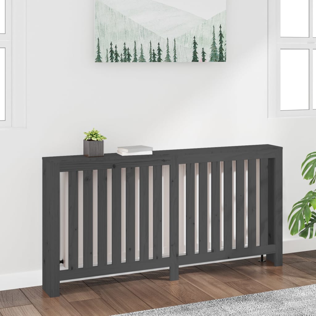 Grey radiator cover made of solid pine wood, measuring 169x19x84 cm, featuring slatted design and a minimalist style, suitable for modern interiors.